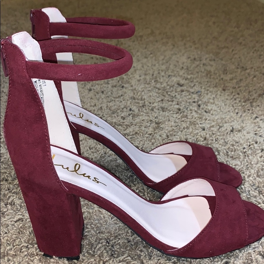 Lulu’s burgundy suede ankle strap heels